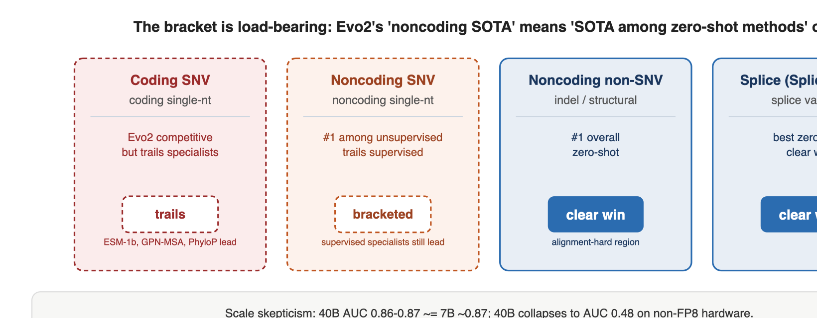 [diagram: where the genome LM leads vs. trails, by variant class] Variant class Evo2 (40B) position Still loses to ───────────────────────────────────────────────────────────────────── coding SNV competitive ESM-1b · GPN-MSA · PhyloP noncoding SNV #1 among UNSUPERVISED ◄──── supervised specialists noncoding non-SNV #1 overall ███████████ — splice (SpliceVarDB) best zero-shot █████████ (separate supervised) ───────────────────────────────────────────────────────────────────── "noncoding SOTA" ≈ "SOTA among zero-shot methods" (bracket is load-bearing)