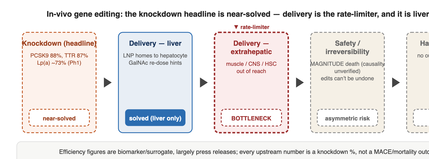 In-vivo gene editing: the knockdown headline is near-solved — delivery is the rate-limiter, and it is liver-bound